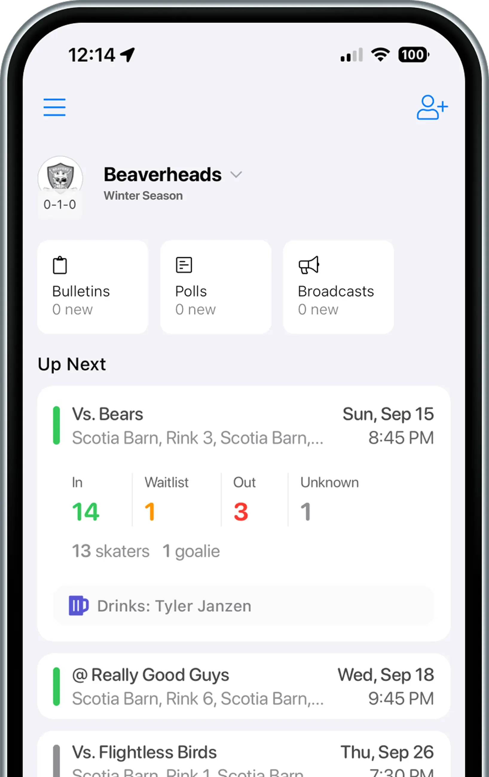 BenchApp team home screen
